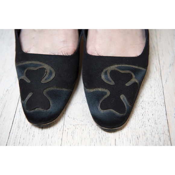 Black Silk and Suede - Gold Accent Kitten Heels - Picture 4 of 7